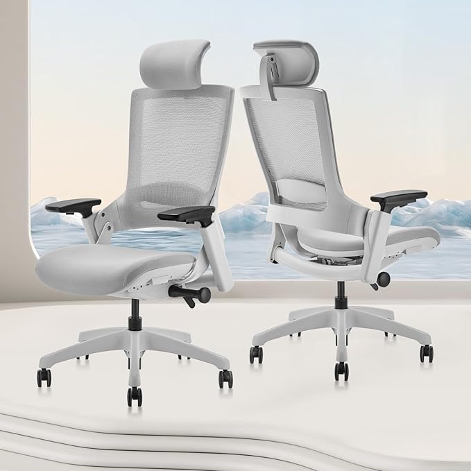 CLATINA Ergonomic High Swivel Executive Chair with Adjustable Height Head 3D Arm Rest Lumbar Support and Upholstered Back for Home Office Gray Mesh 2 Pack