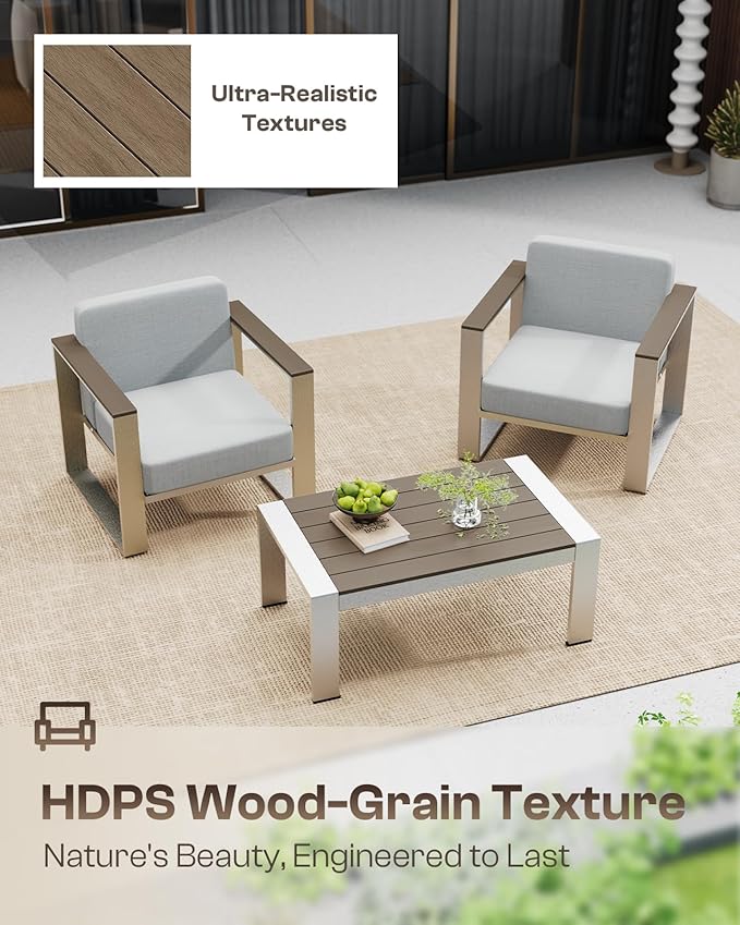 Aluminum Outdoor Furniture Set, 4 Seats Outdoor Patio Conversation Sets with Ergonomic Seat and Wide Washable Thick Cushions, Modern Patio Sectional Furniture for Balcony, Porch (Gray)