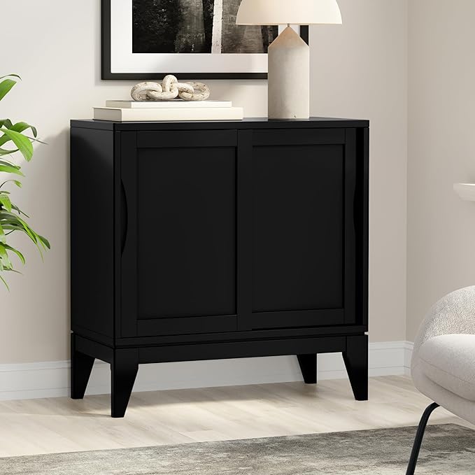 SIMPLIHOME Harper Storage Cabinet - 30 inch Wide Solid Hardwood 2-Shelf Low Console Cabinet in Black, Mid-Century Modern Cupboard for Living Room with Sliding Doors and Adjustable Shelves