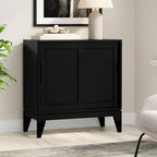 SIMPLIHOME Harper Storage Cabinet - 30 inch Wide Solid Hardwood 2-Shelf Low Console Cabinet in Black, Mid-Century Modern Cupboard for Living Room with Sliding Doors and Adjustable Shelves