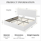 SHA CERLIN King Size Bed Frame, Velvet Upholstered Platform Bed, Vertical Channel Tufted Adjustable Headboard, Low Profile Bed Frame, No Box Spring Needed, Easy Assembly, White