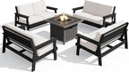 SERWALL Patio Furniture Set with 33” Fire Pit Table, HDPE Outdoor Sectional Sofa Set with Thickened Cushions, Black Frame with Khaki Cushions