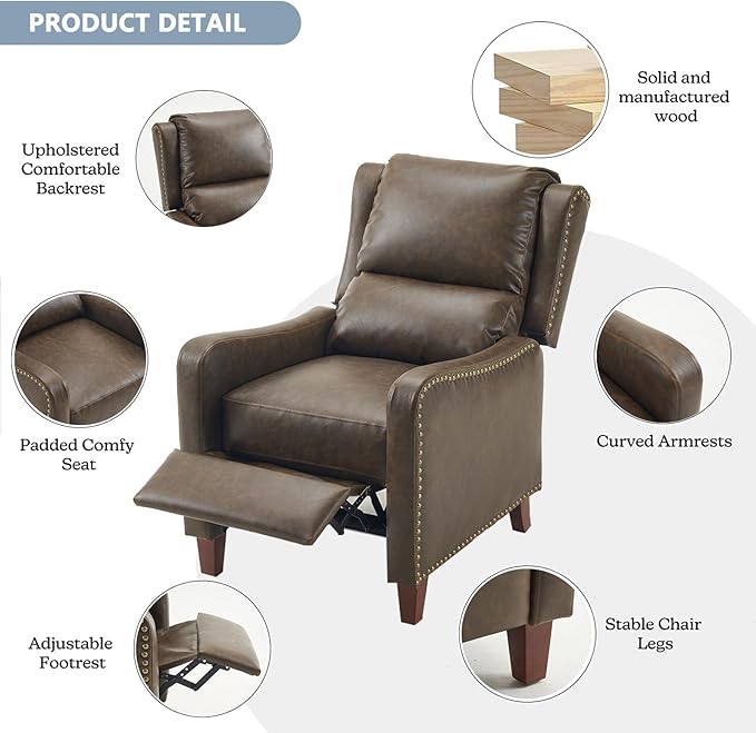 Pushback Recliner Chair, PU Leather Push Back Armchair, Upholstered Recliner Chair 105-135 Degree Adjustable, Retro Accent Chair for Living Room Bedroom - Brown