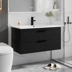 eclife 36" Bathroom Vanities Cabinet with Sink Combo, Wall Mounted Floating Cabinet W/Decor Line, Soft-Close System, 2 Extra Big Drawers, Matte Black Faucet, Black