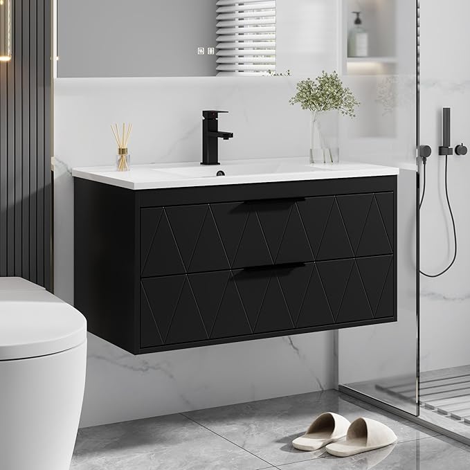 eclife 36" Bathroom Vanities Cabinet with Sink Combo, Wall Mounted Floating Cabinet W/Decor Line, Soft-Close System, 2 Extra Big Drawers, Matte Black Faucet, Black