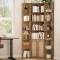 74" Tall Corner Bookshelf, L Shaped Bookcase with 2 Arched Rattan Doors & 16 Open Storage Shelves, 6-Tier Boho Large Corner Shelf with Cabinet for Living Room, Home Office