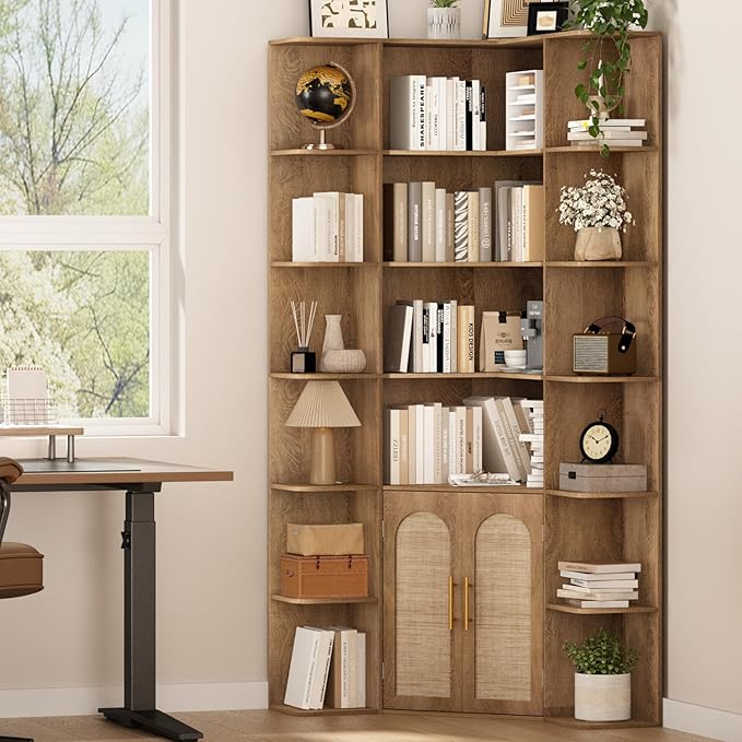 74" Tall Corner Bookshelf, L Shaped Bookcase with 2 Arched Rattan Doors & 16 Open Storage Shelves, 6-Tier Boho Large Corner Shelf with Cabinet for Living Room, Home Office