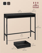 VASAGLE Bar Table with Power Outlets, 47.2 Inches Long Bar Height Pub Table, Rectangular High Top, with Movable Drawer, 2 Hooks, Narrow Storage for Kitchen, Dining, Entryway, Ebony Black