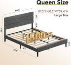 WLIVE Queen Size Upholstered Bed Frame, Velvet Square Tufted Headboard, Sturdy Metal & Wooden Slats Support, No Box Spring Needed, Light Grey