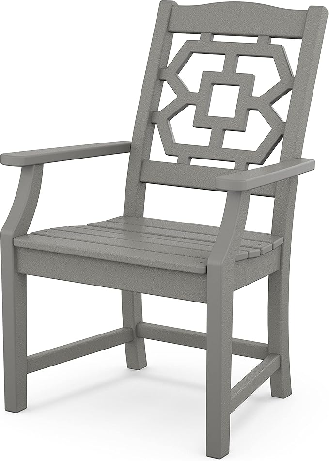 Martha Stewart by POLYWOOD Chinoiserie Outdoor Dining Arm Chair, Slate Grey, Durable HDPE All-Weather, Comfortable Patio Seating with Lattice Back, Backyard, Garden Furniture, Made in The USA