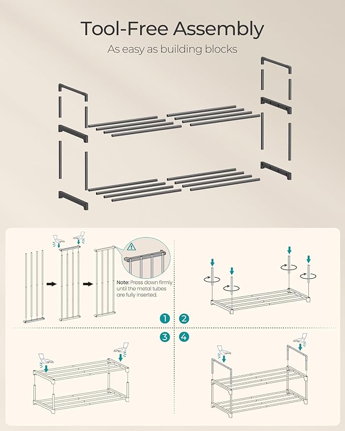 SONGMICS Shoe Rack, 2-Tier Shoe Organizer, Metal Storage Shelf, Upright or Upside Down, for 6-9 Pairs, Stackable, for Entryway, 11.8 x 26.8 x 13.2 Inches, Black ULSA202B01