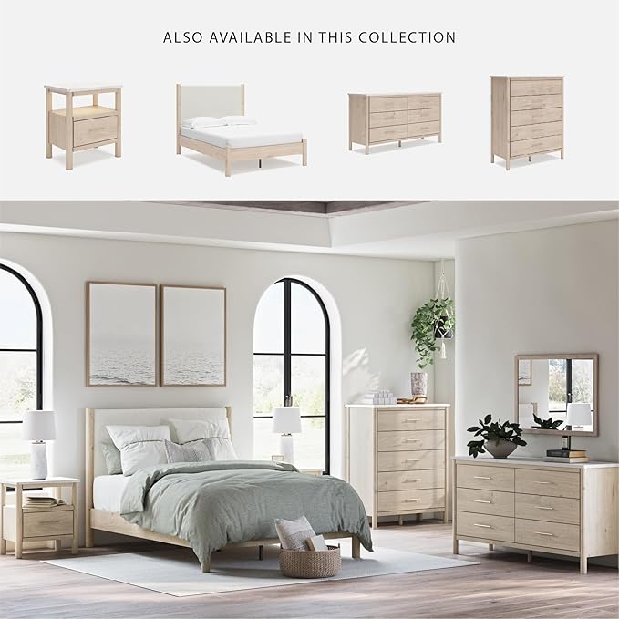 Signature Design by Ashley Cadmori Casual Bohemian Dresser with Post Legs and 6 Drawers, Replicated Marble Top, Wood, 35" High, White and Light Brown Finish