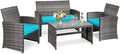COSTWAY Patio Furniture Set 4 Pieces, Outdoor Wicker Chairs Sofa w/Coffee Table and Soft Cushions, Rattan Conversation Sets for Patio Lawn Backyard Yard Pool Garden, Turquoise