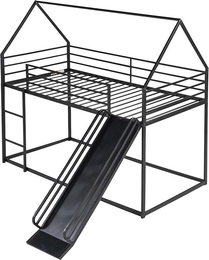 Bunk Bed with Slide for Kids,Bunk Bed Twin Over Twin, Metal Junior House Low Bunk Bed, Toddler Floor Bunk Beds Frame with Guardrail for Kids, Convertible Slide and Ladder Noise Free(New Black)