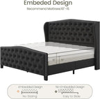 LARMACE Queen Size Bed Frame Velvet Upholstered Platform Bed with Wingback Headboard & Footbaord, Deep Button Tufted Bed Frame with Wood Slats Support, No Box Spring Needed, Black