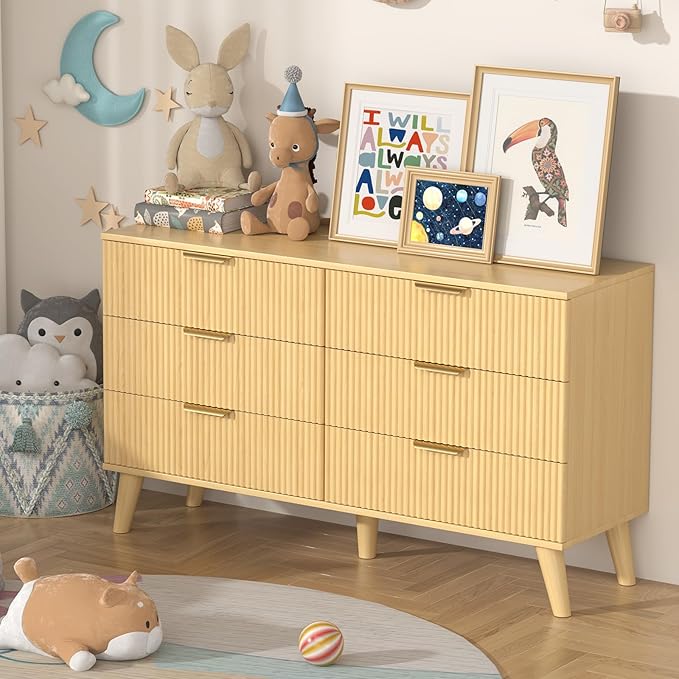 Boho Fluted 6 Drawer Dresser for Bedroom, Chest of Drawers with Solid Wood Legs, Modern Dresser Chest Cabinet Organizer with Golden Handles, Beside Table for Closet, Hallway, Bedroom