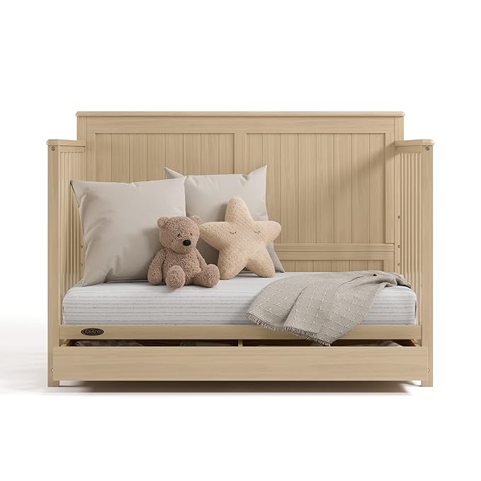 Graco Hadley 5-in-1 Convertible Crib with Drawer (Driftwood) – GREENGUARD Gold Certified, Fits Standard Crib Mattress, Converts to Toddler Bed, Daybed and Full Bed, 4 Adjustable Mattress Heights