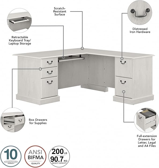 Bush Furniture Saratoga L Shaped Computer Desk with Drawers and Storage in Linen White Oak | Large Corner Office Table for Workspace