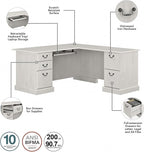 Bush Furniture Saratoga L Shaped Computer Desk with Drawers and Storage in Linen White Oak | Large Corner Office Table for Workspace