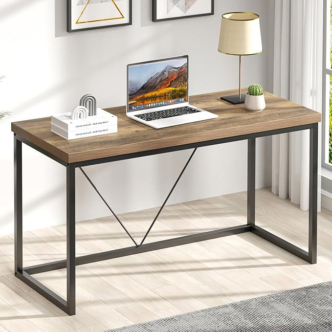 FOLUBAN Modern Home Office Desk, Rustic Wood and Metal Computer Desks, Industrial Study Writing Gaming Table Workstation, Vintage Laptop PC Desk, Oak 53 Inch