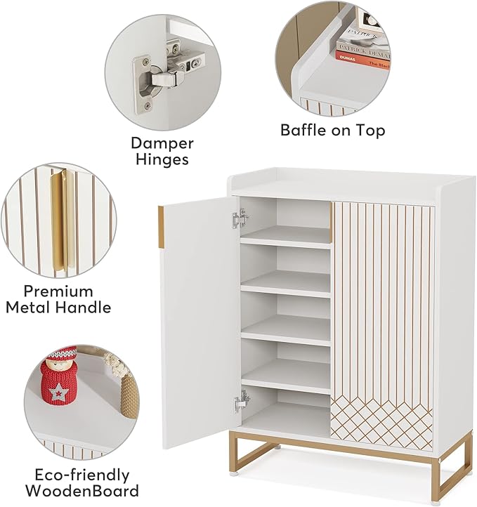 Tribesigns Shoe Cabinet with Doors, 5 Tiers Shoe Storage Cabinet for Entryway, 25 Pairs Wooden Shoe Cabinets, Modern Shoe Organizer Storage for Living Room, Bedroom, Hallway, Closet, White