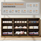Fluted Wood Dresser for Bedroom,63” Wide 9 Drawer Dresser Mid Century Chest of Drawers Wooden with Gold Handles,Dressers TV Stand Storage Organizer for Closet,Bedroom,Living Room, Walnut