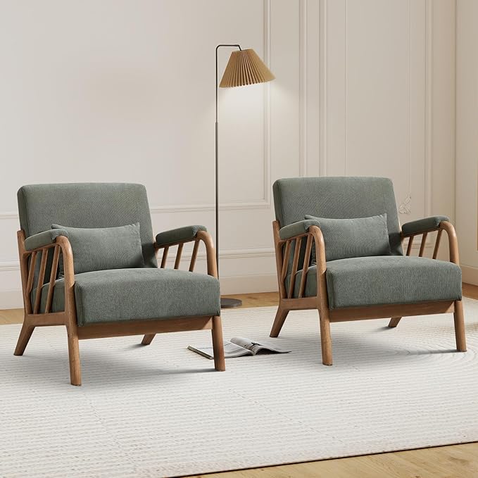 Mid Century Modern Accent Chair with Solid Wood Frame, Upholstered Living Room Chairs with Lumbar Cushion Padded Arms, Reading Armchair for Bedroom Set of 2, Green