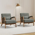 Mid Century Modern Accent Chair with Solid Wood Frame, Upholstered Living Room Chairs with Lumbar Cushion Padded Arms, Reading Armchair for Bedroom Set of 2, Green