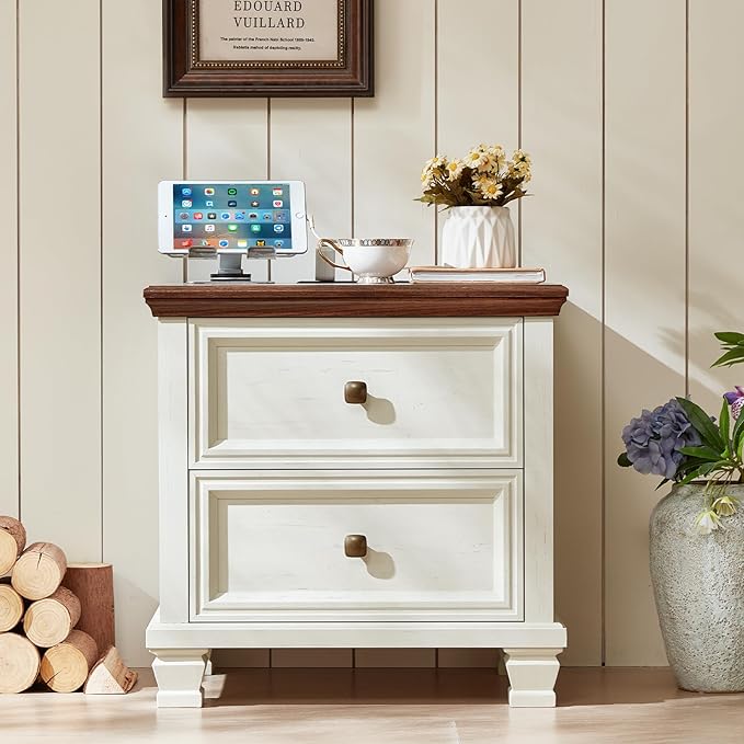 Farmhouse Nightstand Set of 2, Rustic Low Nightstands with 2 Drawers & Charging Station, Vintage Night Stands with 4 Square Solid Wood Legs, Small Dresser for Bedroom, Home, White