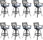 Pellebant 30" Sunbrella Outdoor Bar Stools Set of 8, Aluminum Swivel Patio Bar Height Bar Stools with Back & Footrest, for Deck Lawn Garden(Spectrum Denim)