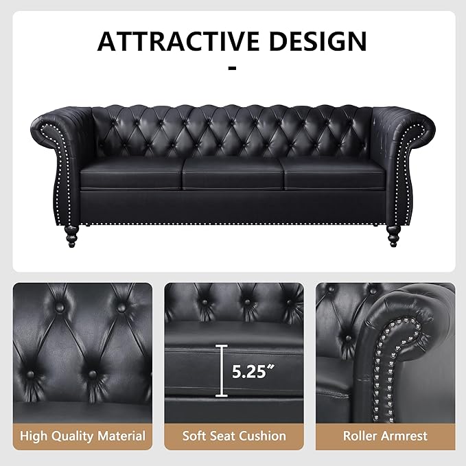 2 Piece Living Room Sofa Set, 3 Seater Faux Leather Sofa Couch and Chair Set, Mid Century Modern Upholstered Couch with Cushions, Vintage Comfy Tufted Chesterfield Couches for Bedroom, Office (Black)