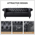 2 Piece Living Room Sofa Set, 3 Seater Faux Leather Sofa Couch and Chair Set, Mid Century Modern Upholstered Couch with Cushions, Vintage Comfy Tufted Chesterfield Couches for Bedroom, Office (Black)