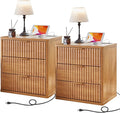 LEYAOYAO 23" Wide Fluted Farmhouse Night Stand Set of 2 with Charging Station, 3 Drawers Large End Table w/Metal Handle, Brown Nightstand Bedside Table,Wood Dresser for Bedroom, Closet
