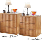 LEYAOYAO 23" Wide Fluted Farmhouse Night Stand Set of 2 with Charging Station, 3 Drawers Large End Table w/Metal Handle, Brown Nightstand Bedside Table,Wood Dresser for Bedroom, Closet