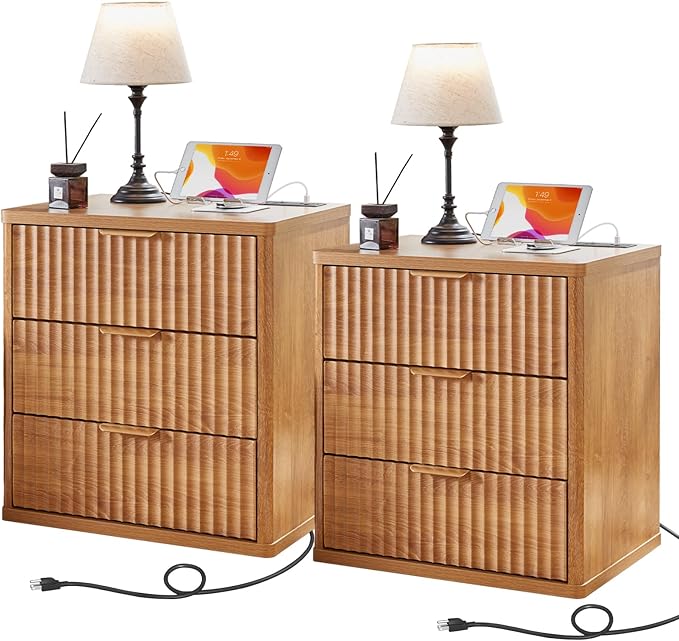 LEYAOYAO Fluted Nightstand Set of 2 with Charging Station,23" Modern Nightstand with Woodgrain Top, 3 Drawer End Table w/Storage, BedsideTables for Bedroom, Living Room, Curved Profile,Brown