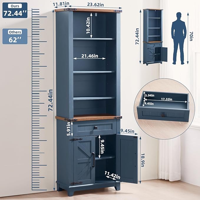 72in Tall Bookshelf 7 Tier Bookcase with Drawer and Barn Doors and Adjustable Shelves, Blue Farmhouse Book Shelf with Storage Cabinet, Wood Freestanding Display Bookshelves for Kitchen (4PCS)