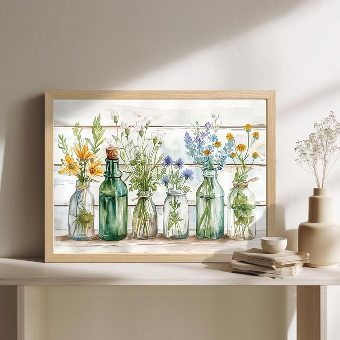 HLXRAE Wood Framed Green Bathroom Wall Art, Vintage Rustic Farmhouse Bathroom Wall Decor, Watercolor Floral Canvas Painting, Sage Green Plant Aesthetic Picture for Laundry Room Decor 12x16 inch