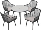JOIVI 5 Piece Outdoor Dining Set, Wicker Patio Furniture Dining Chairs and Table Set with Cushions for 4 People, Tempered Glass Tabletop with 2.16” Umbrella Hole, for Lawn, Backyard, Garden, Black