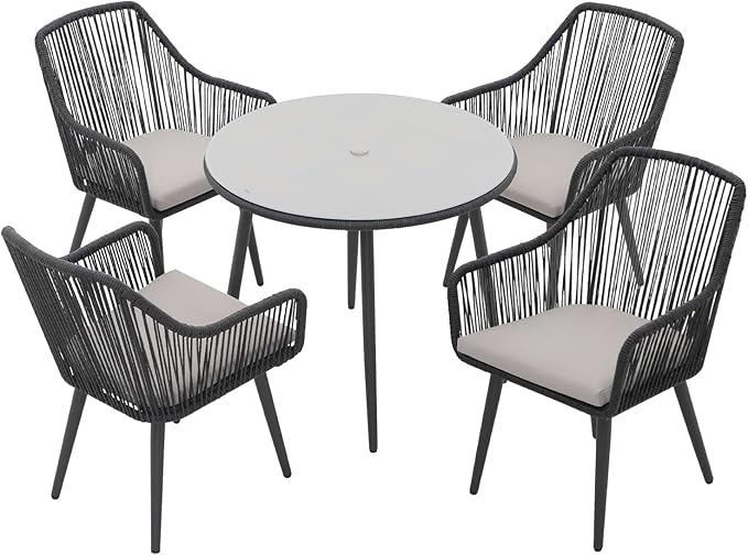JOIVI 5 Piece Outdoor Dining Set, Wicker Patio Furniture Dining Chairs and Table Set with Cushions for 4 People, Tempered Glass Tabletop with 2.16” Umbrella Hole, for Lawn, Backyard, Garden, Black
