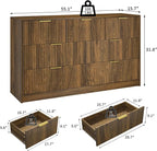 Walnut Fluted 7 Drawer Dresser Bedroom,55” Wide Mid Century Wood Dresser with Gold Handles, Chest of Drawer Wooden TV Stand for Closet,Bedroom,Living Room,Walnut