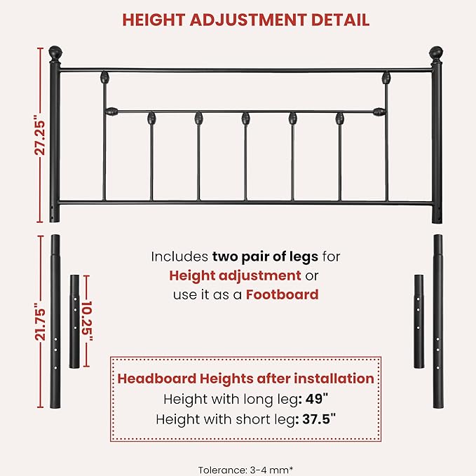 Victorian Metal Headboards, Adjustable Height Iron Frame, Rustic Farmhouse Style, Elegant and Durable Design, Easy Assembly, Universal Fit for Kids & Adults, Queen Size, Black Finish