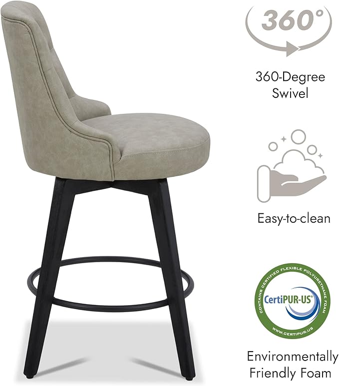 Watson & Whitely Counter Height Bar Stools, Faux Leather Upholstered Modern Swivel Barstool with Back, Solid Wood Legs, 26" H Seat, Stone Grey