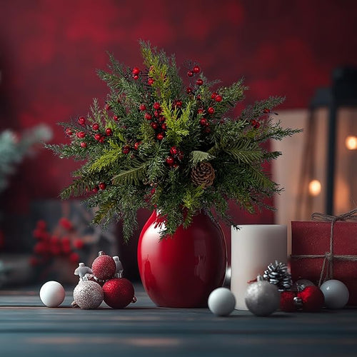 10PCS Artificial Pine Branches with Red Berry Pine Cones Artificial Needles Branches Greenery Stems Fake Greenery Floral Arrangements