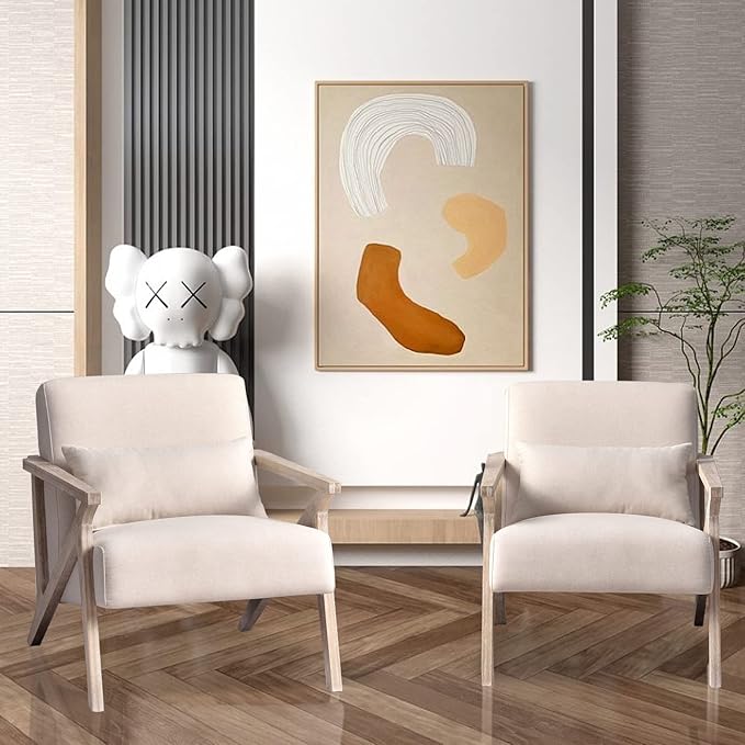 INZOY Mid Century Modern Chair with Wood Frame, Upholstered Armchair with Waist Cushion, Accent Chair for Living Room Bedroom Apartment, Easy Assembly, Beige