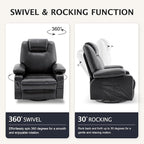 Oversized Swivel Rocker Recliner Sofa Chair with Heat and Massage, 360 Degree Swivel Single Sofa with Cup Holders and USB Port, Big Recliner Sofa Chair for Living Room(Leather, Smoky Black)
