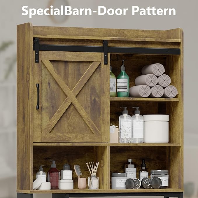 Over The Toilet Storage Cabinet, Farmhouse Storage Cabinet Over Toilet with Sliding Barn Door,Home Space-Saving Toilet Rack, for Bathroom, Restroom, Laundry.Brown.