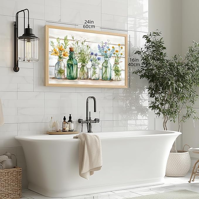 HLXRAE Wood Framed Green Bathroom Wall Art, Vintage Rustic Farmhouse Bathroom Wall Decor, Watercolor Floral Canvas Painting, Sage Green Plant Aesthetic Picture for Laundry Room Decor 12x16 inch