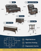 HILLGA Luxury Patio Furniture Set with 6-inch Thick Cushion, Outdoor Couch and High Back Swivel Rocker Patio Chairs, 10PCS Wicker Conversation Set for Deck Yard and Poolside, Dark Grey (V2)