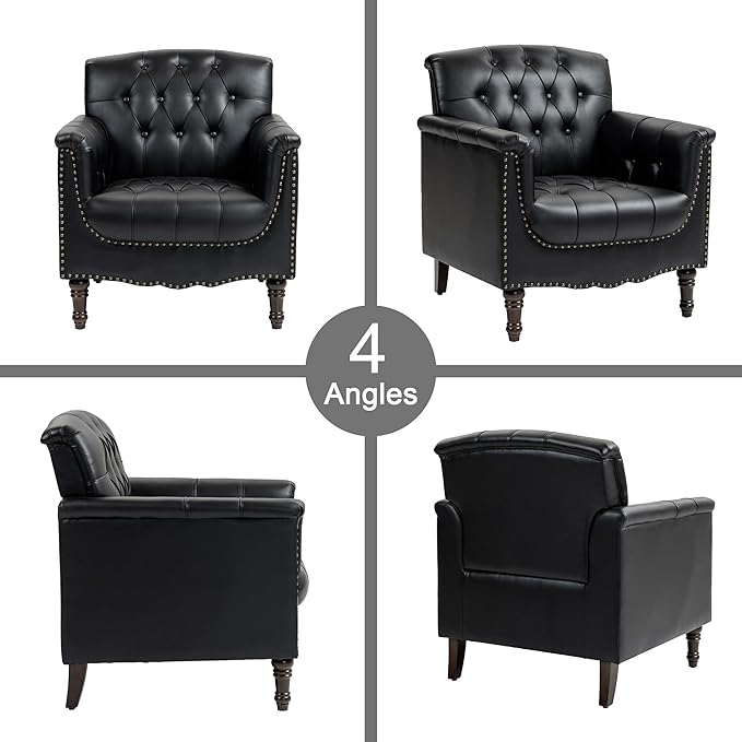 Lumibee Faux Leather Armchair, Contemporary Accent Chair with Nailhead Trims & Wood Legs for Living Room, Upholstered Comfy Arm Chair for Office,Bedroom-Black