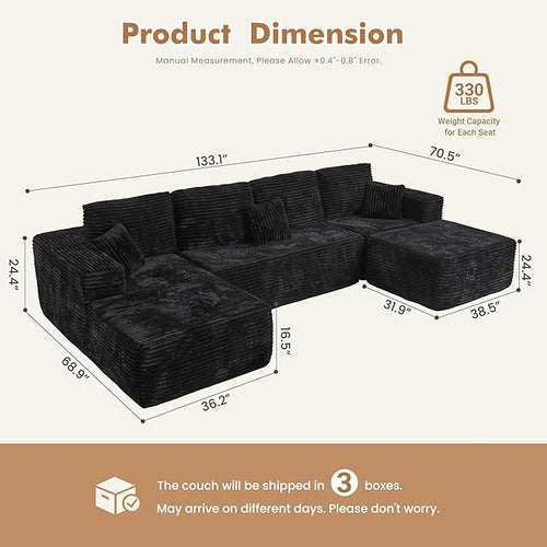 133.1'' Boneless Sectional Couches for Living Room, Oversized Cloud Couch with Chaise & Ottoman, Modular Sofa Sets Deep Seat Plush Corduroy, No Assembly Required,Plush Corduroy,Black